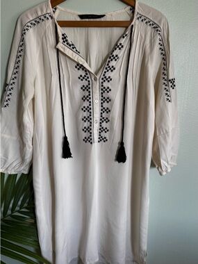 Zara Cream Midi Dress with Black Embroidery and Tassels